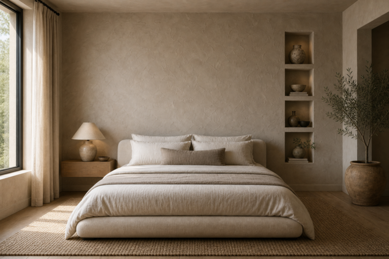 Organic Modern Bedroom Textured Feature Wall featuring a broad warm taupe-toned textured wall behind a low bed