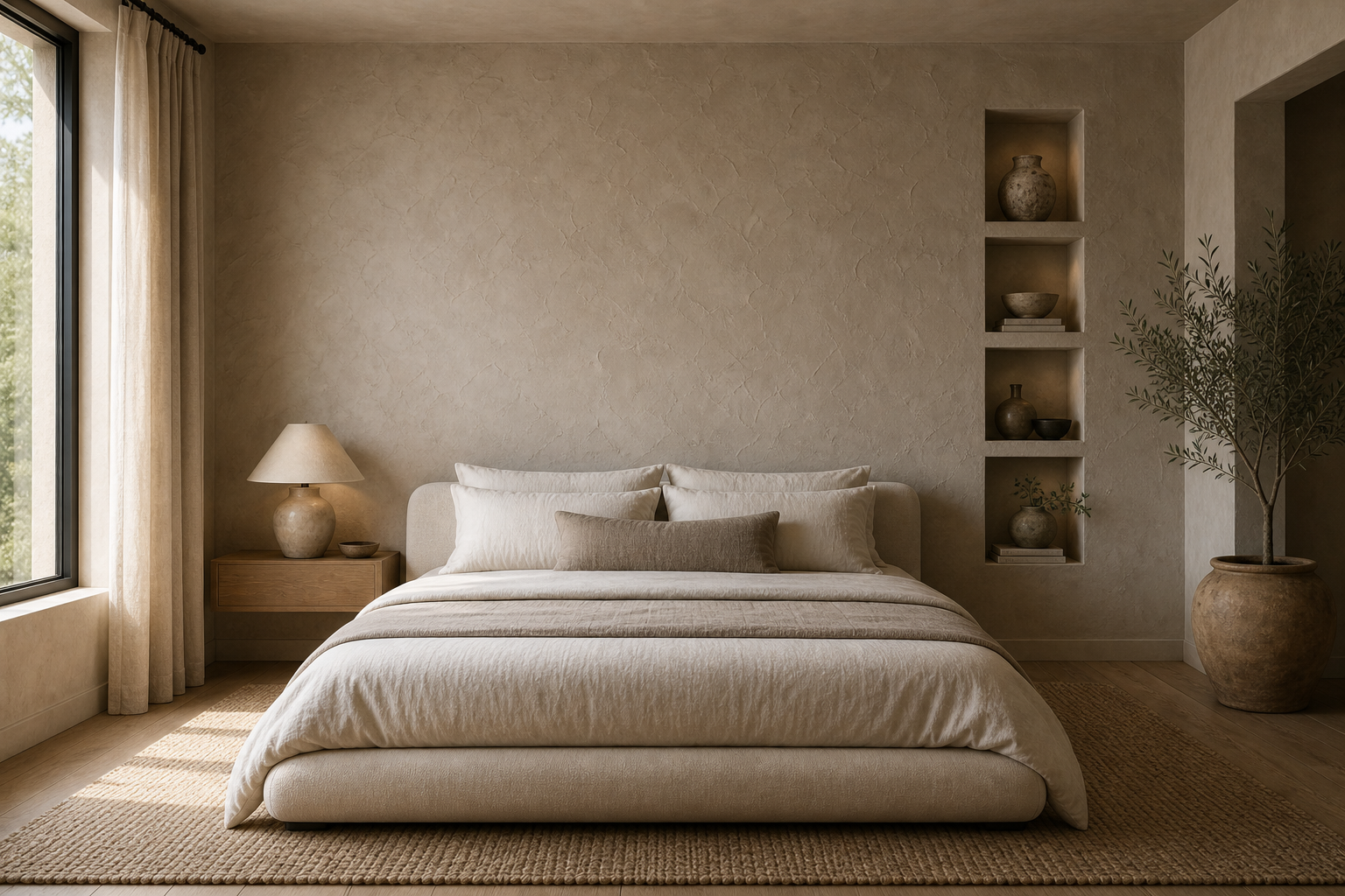Organic Modern Bedroom Textured Feature Wall featuring a broad warm taupe-toned textured wall behind a low bed