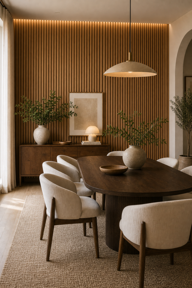 Organic modern dining room with a full-height backlit wood slat wall, dark oval table, pale curved chairs, broad pendant, sideboard, artwork, plants, and rug