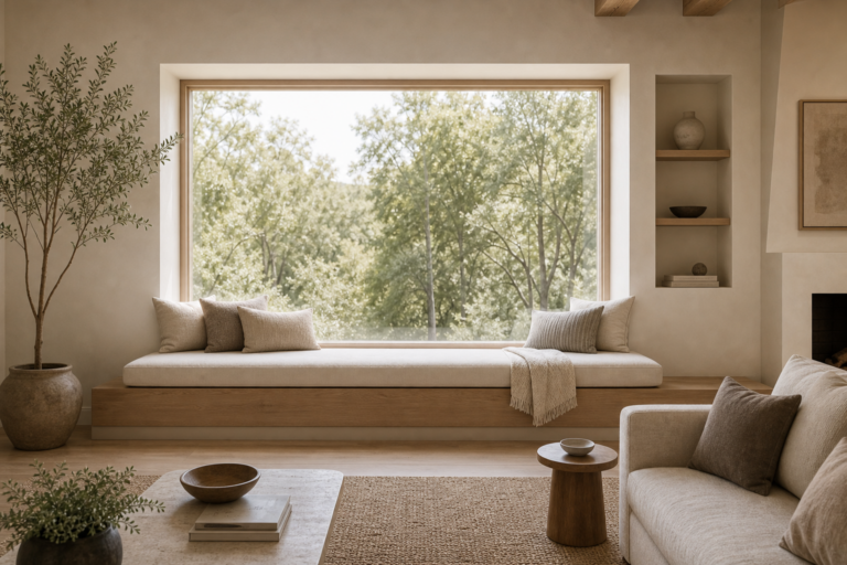 Organic Modern Living Room Picture Window Seat featuring a long built-in seat beneath a wall-sized picture window