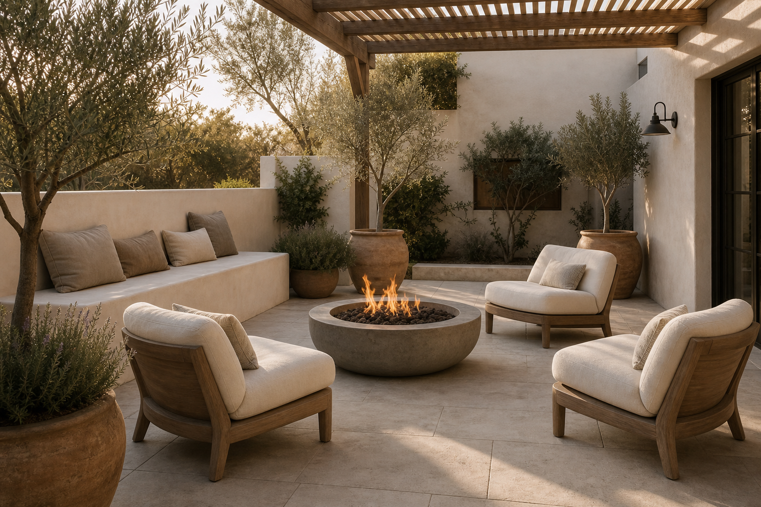 Organic Modern Patio Fire Bowl featuring a round central fire bowl surrounded by four lounge chairs