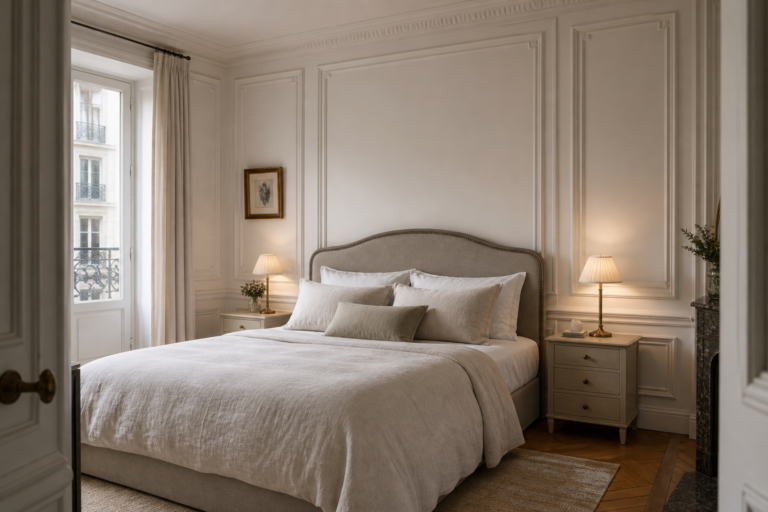 Parisian bedroom with ornate pale wall molding, detailed cornice, curved upholstered bed, paired lamps, tall curtains, parquet, and dark fireplace edge