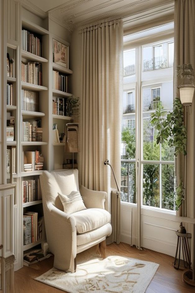 Parisian Reading Nook with Layered Curtains and Shelving