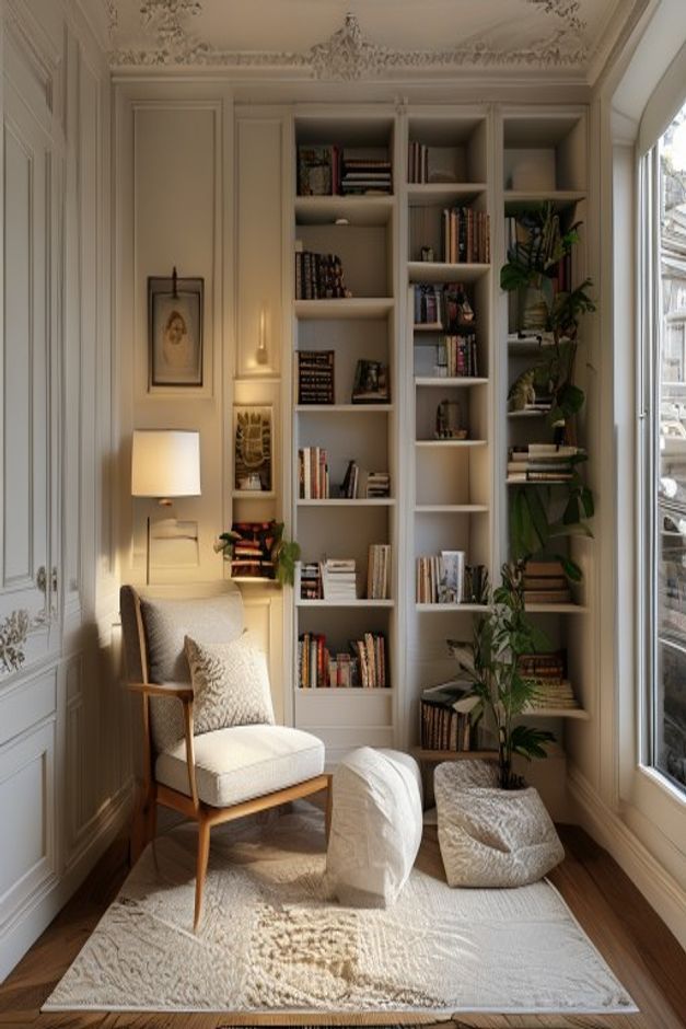 Parisian reading nook with ornate wall molding, full-height pale bookshelf, wood-framed chair, wall lamp, large window, potted plants, and a light textured rug