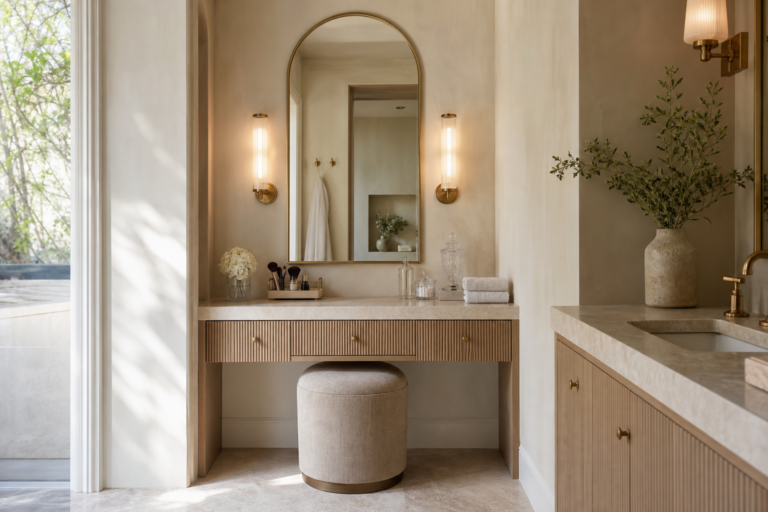 Quiet Luxury Bathroom Recessed Makeup Vanity featuring a recessed seated makeup vanity with an arched mirror and paired sconces