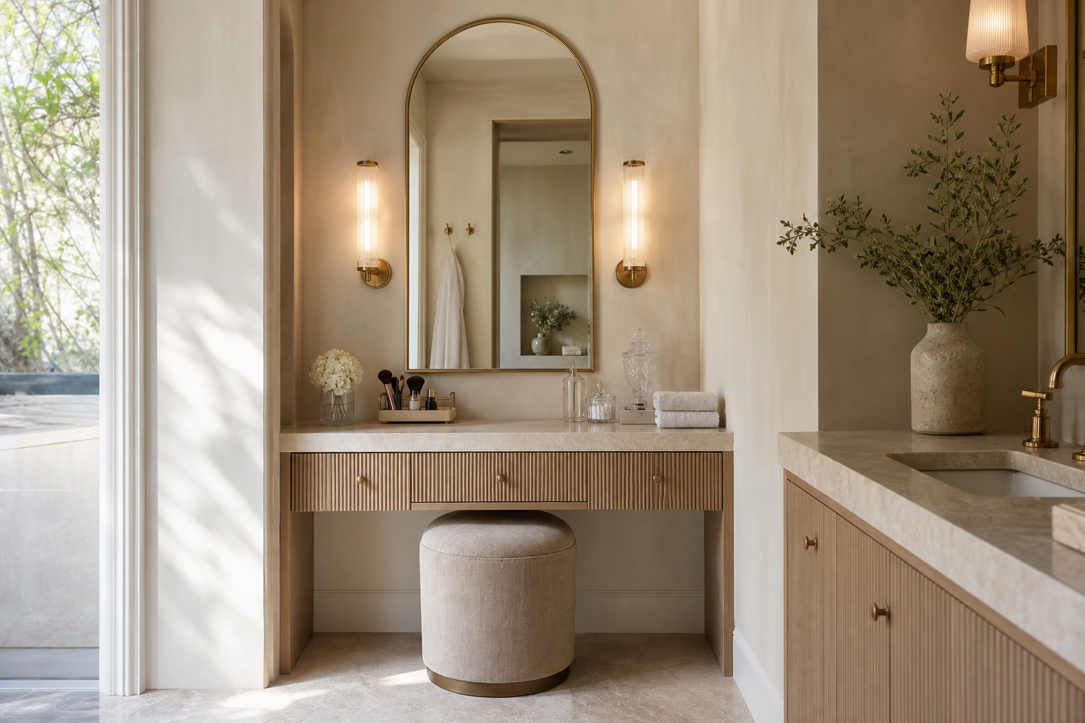 Quiet Luxury Bathroom Recessed Makeup Vanity featuring a recessed seated makeup vanity with an arched mirror and paired sconces