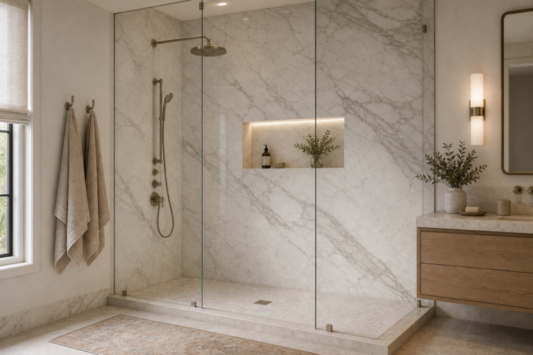 Quiet luxury bathroom with full-height pale veined shower walls, clear glass, brushed rain head and hand shower, illuminated niche, textured floor, and floating vanity