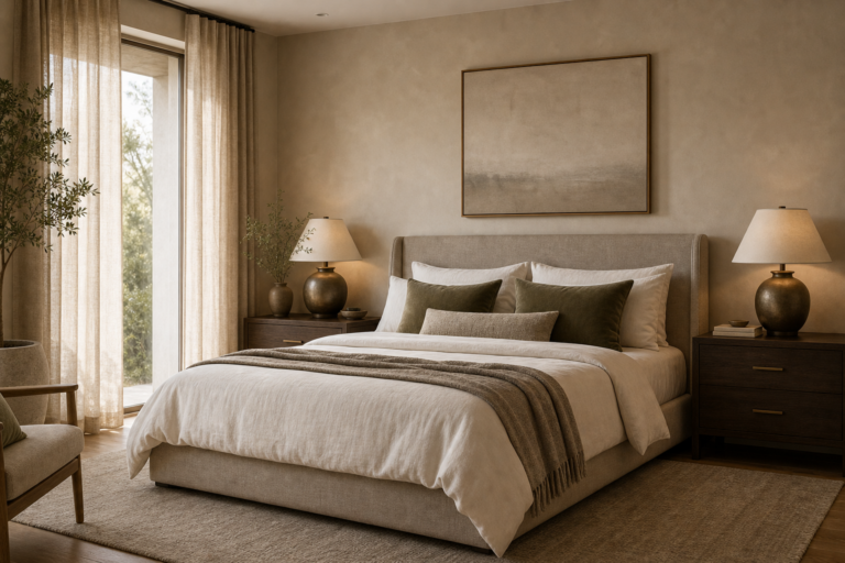 Quiet luxury bedroom with warm greige walls, ivory bedding, taupe blanket, dark walnut nightstands, bronze lamps and muted olive pillows