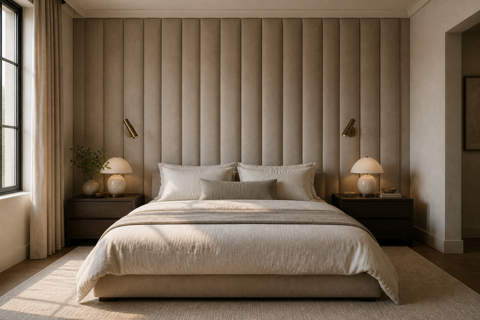 Quiet Luxury Bedroom Channel-Tufted Bed Wall featuring a full-height wall of narrow upholstered channels behind the bed