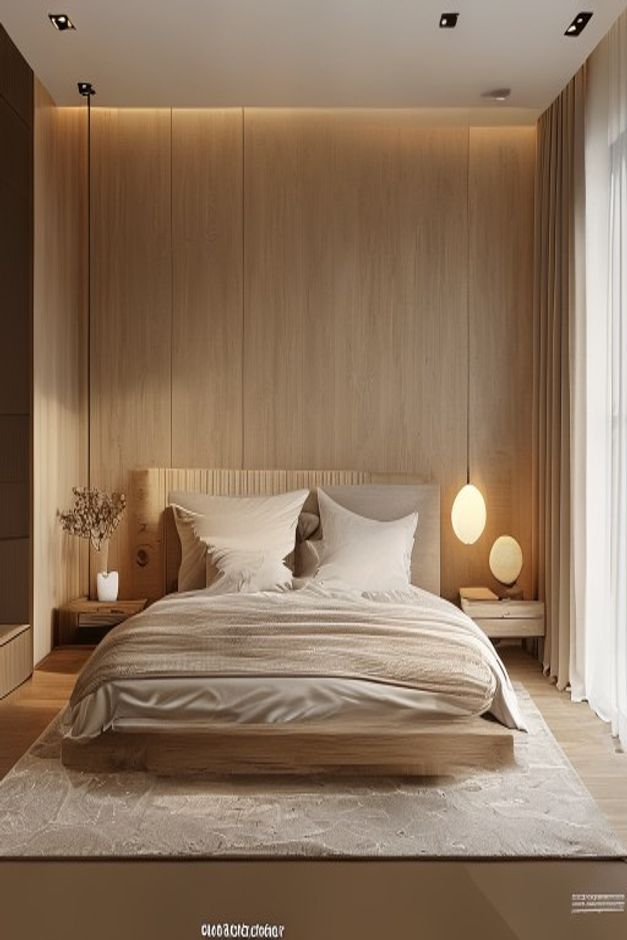 Quiet Luxury Bedroom with Light Wood Veneer Walls