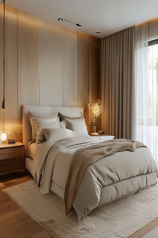Quiet Luxury Bedroom with Linen and a Wood-Paneled Headboard