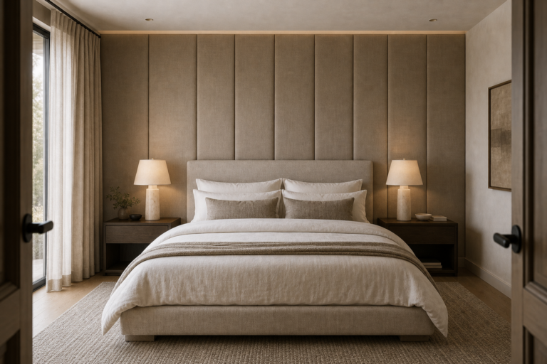Quiet luxury bedroom with vertical taupe fabric wall panels behind a separate low headboard, paired lamps, pale bedding and soft curtains