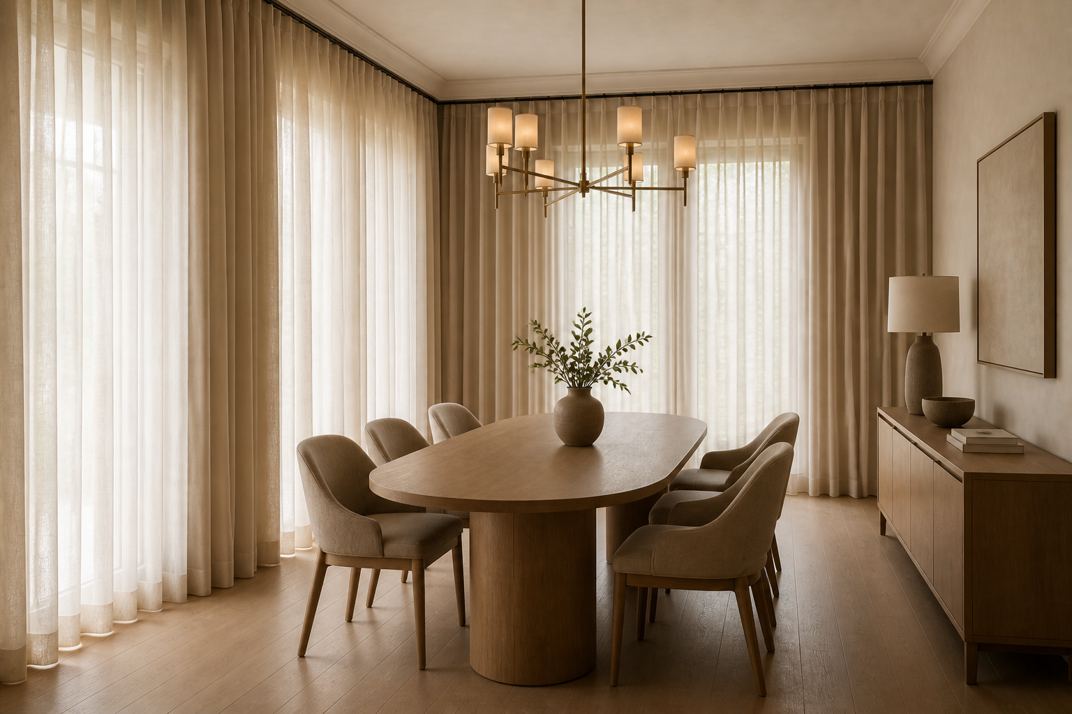 Quiet Luxury Dining Room Full-Height Drapery featuring a wall of full-height pale drapery behind the dining table