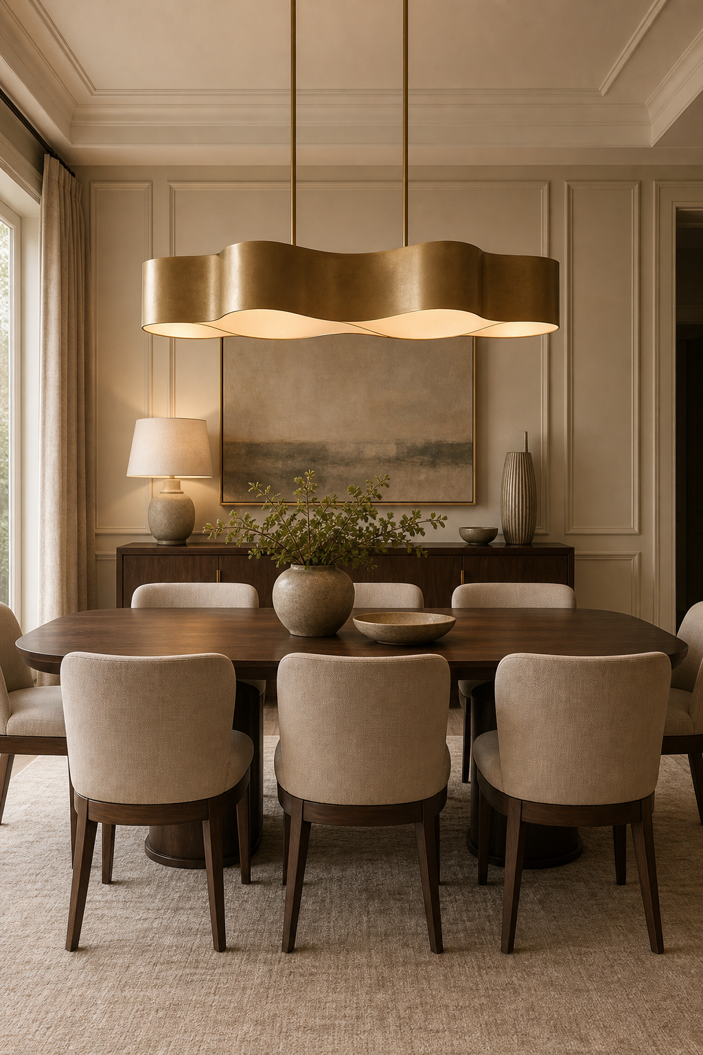 Quiet luxury dining room with a broad sculptural pendant above a dark oval table, pale upholstered chairs, paneled walls, artwork, and a long sideboard