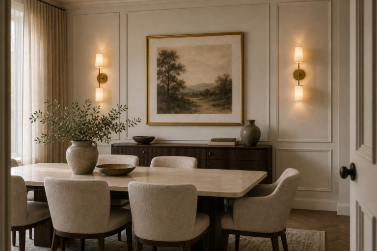 Quiet luxury dining room with paired wall sconces, framed landscape, pale panel molding, dark sideboard, upholstered chairs, pale table, curtains, and branches