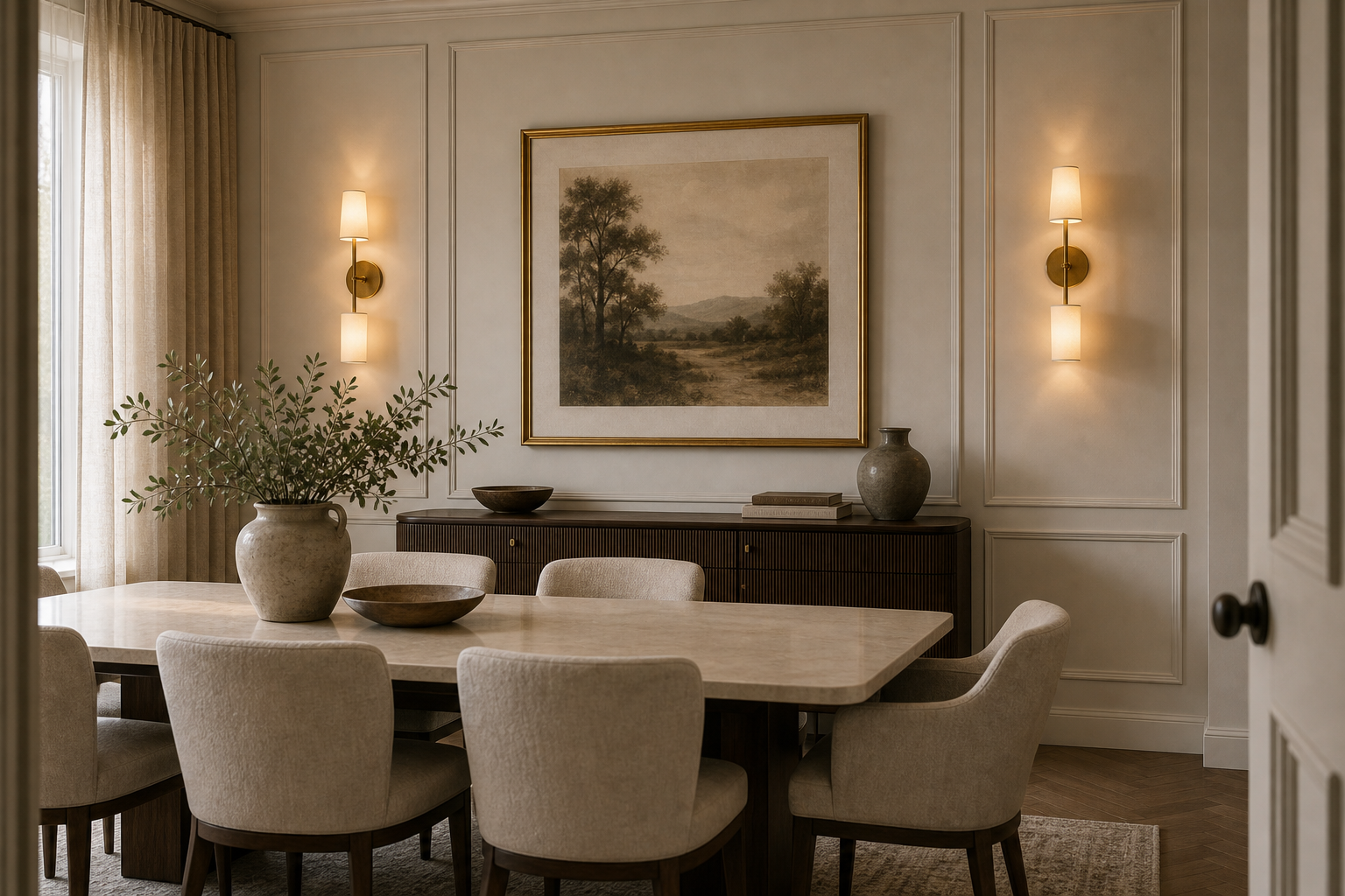 Quiet luxury dining room with paired wall sconces, framed landscape, pale panel molding, dark sideboard, upholstered chairs, pale table, curtains, and branches