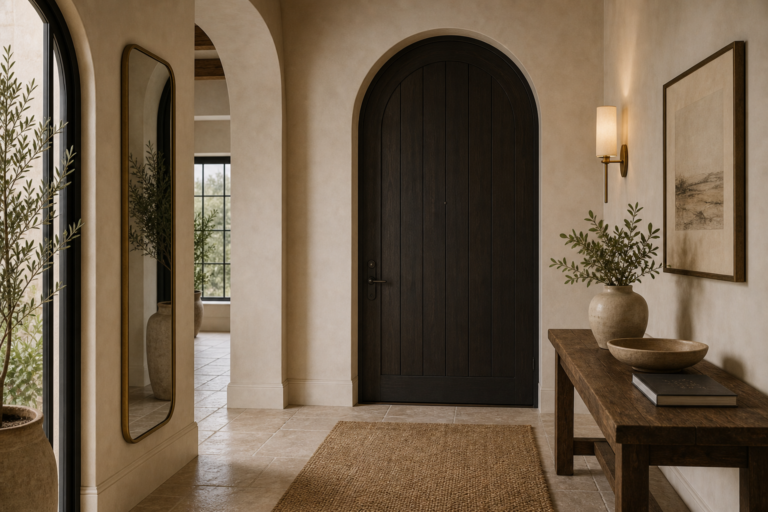 Quiet luxury entryway with a tall dark arched door, repeated pale arches, light floor, woven runner, slim timber console, tall mirror, branches, and wall sconces
