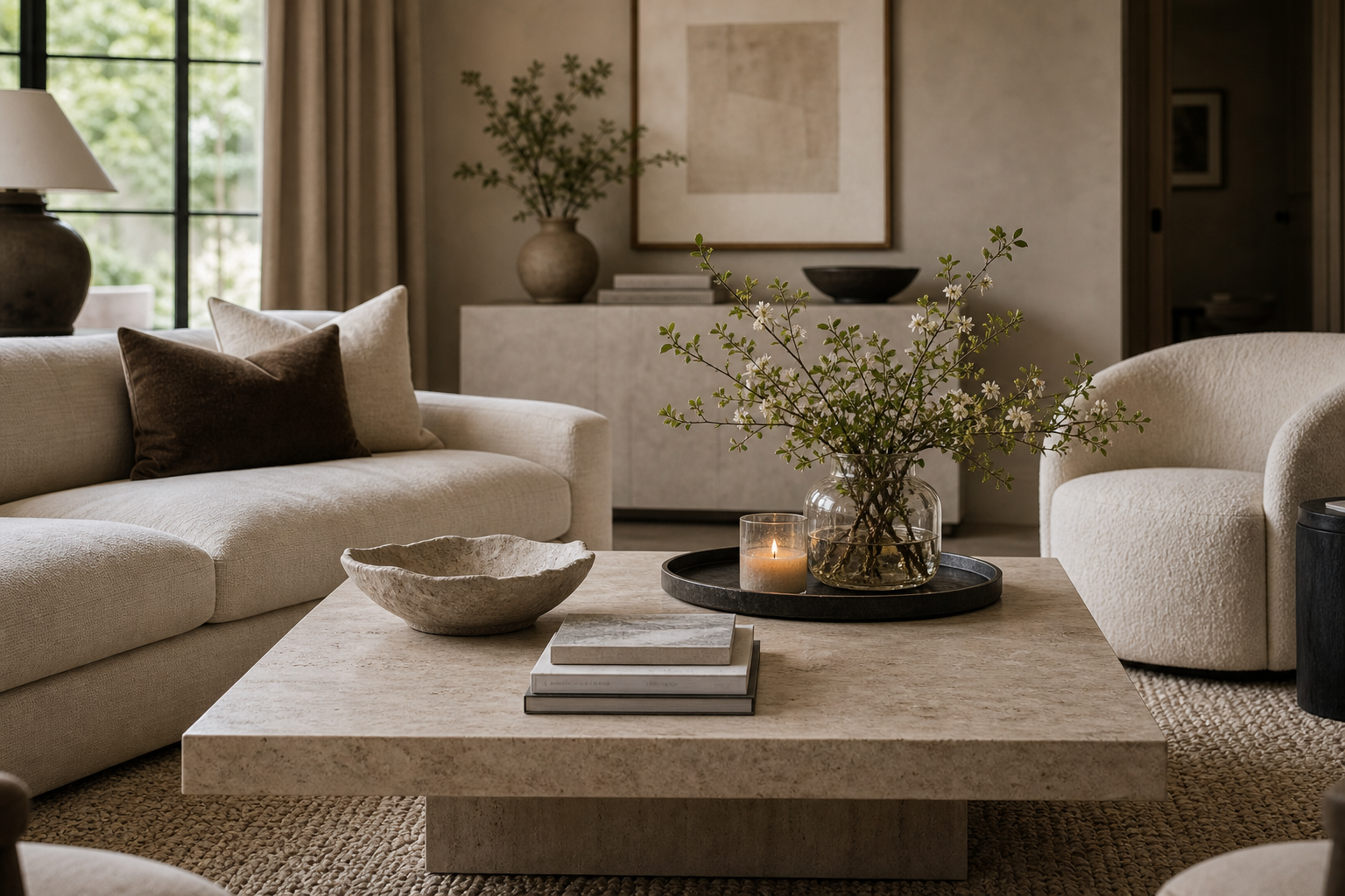 Quiet luxury living room with a low thick coffee table styled with a black tray, glass branch vase, candle, sculptural bowl, stacked books, pale sofa, curved chairs, and neutral rug