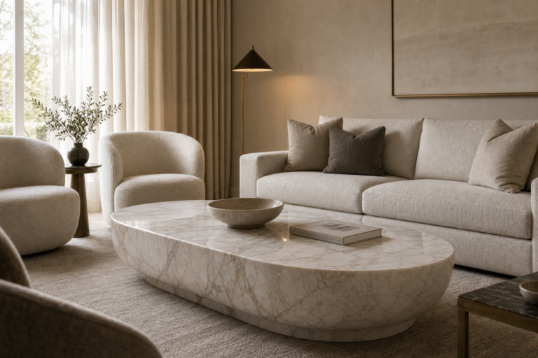 Quiet luxury living room with an oversized pale marble slab coffee table, curved neutral seating, full-height curtains, a black pendant and muted rug