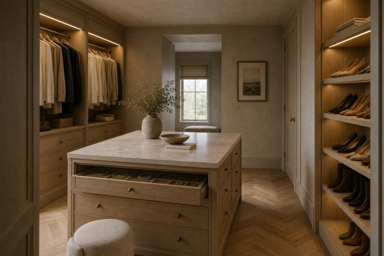 Quiet Luxury Walk-In Closet Central Island featuring a central drawer island surrounded by illuminated wardrobe bays