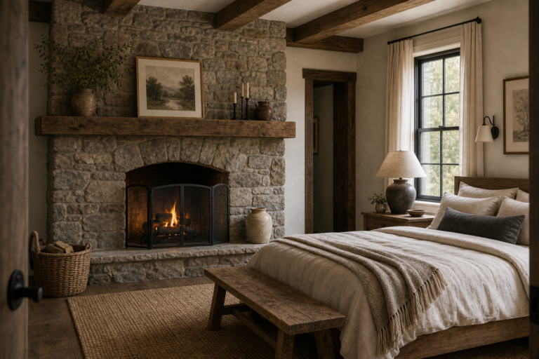 Rustic Bedroom Stone Fireplace featuring a full-height irregular stone fireplace beside the bed