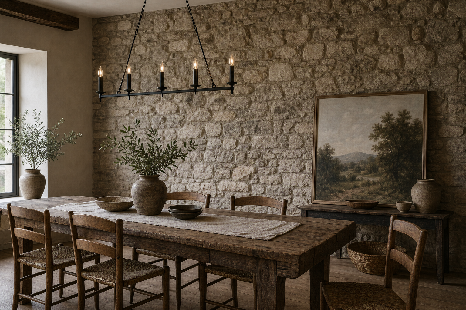 Rustic Dining Room Full-Width Stone Wall featuring a full-width wall of irregular pale stone behind the dining table