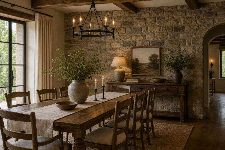 Rustic dining room with a full-height rough stone wall, broad archway, long timber table, eight ladder-back chairs, iron ring chandelier, ceiling beams, sideboard, garden glazing, and woven rug
