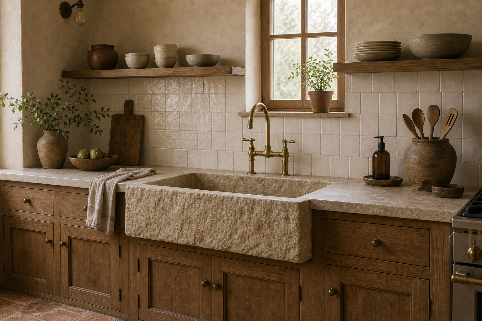 Rustic Kitchen Stone Apron Sink featuring a thick pale stone apron sink projecting from the cabinet run