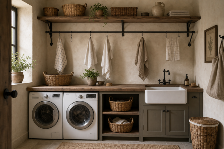 Rustic laundry room with a long black wall-mounted drying rail, timber counter and shelf, paired machines, apron utility sink, open basket cubbies, hanging towels, and side window