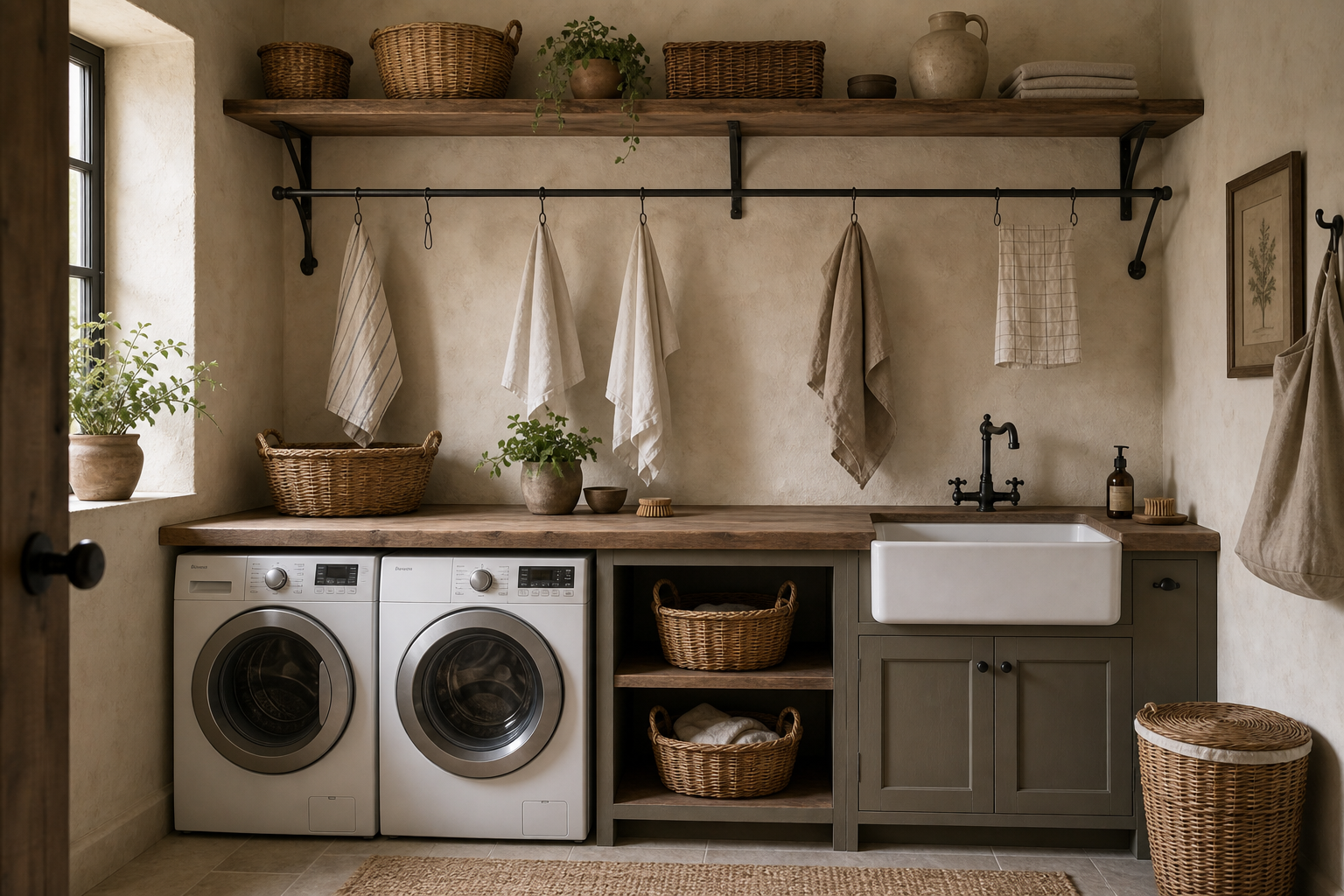 Rustic laundry room with a long black wall-mounted drying rail, timber counter and shelf, paired machines, apron utility sink, open basket cubbies, hanging towels, and side window