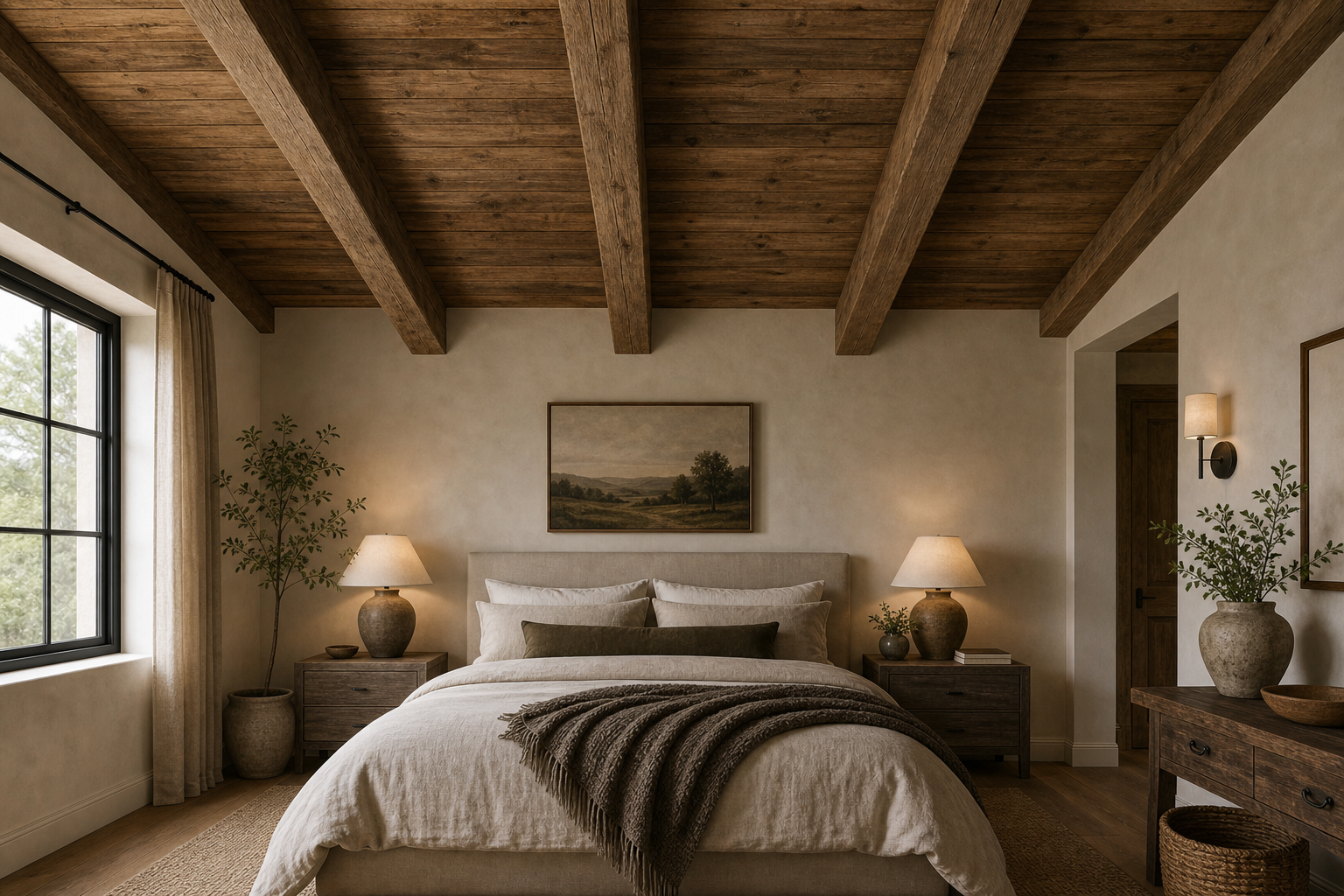 Rustic modern bedroom with a dark plank-and-beam ceiling, centered pale upholstered bed, matching nightstands, ceramic lamps, neutral bedding, textured throw, landscape art, black-framed window, pale curtains, and side console