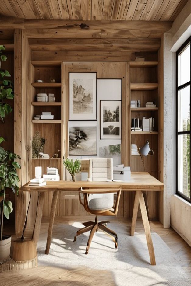 Rustic modern home office with a layered gallery wall, long wood desk, integrated side shelves, and a black-framed window