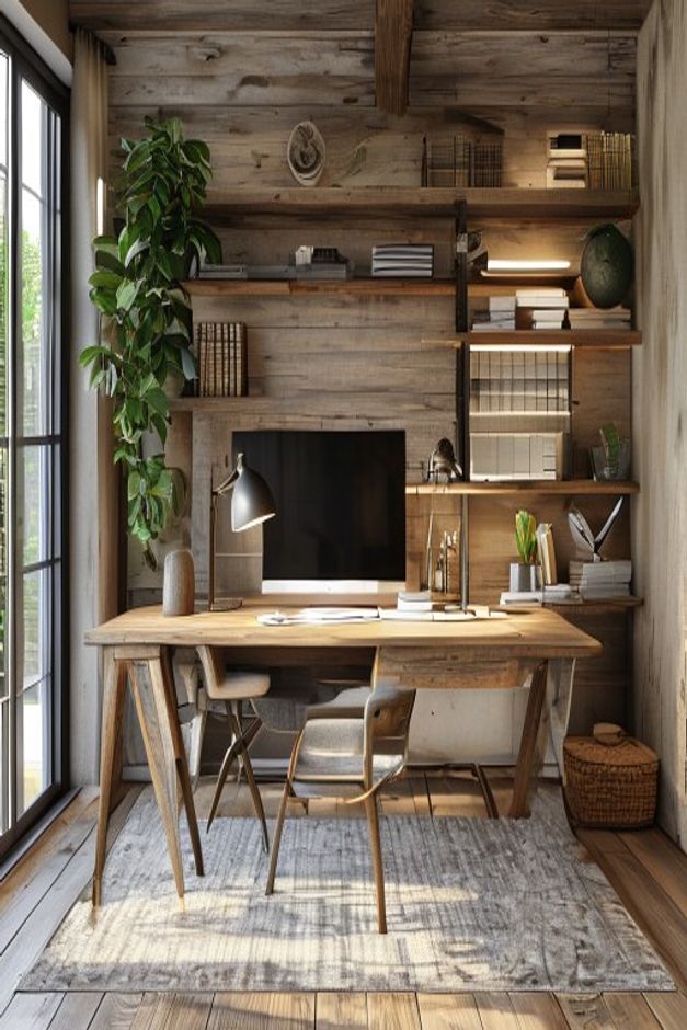 Rustic modern home office with long illuminated wall shelves, wood paneling, a trestle desk, central monitor, two slim chairs, tall glazing, plant, and pale rug