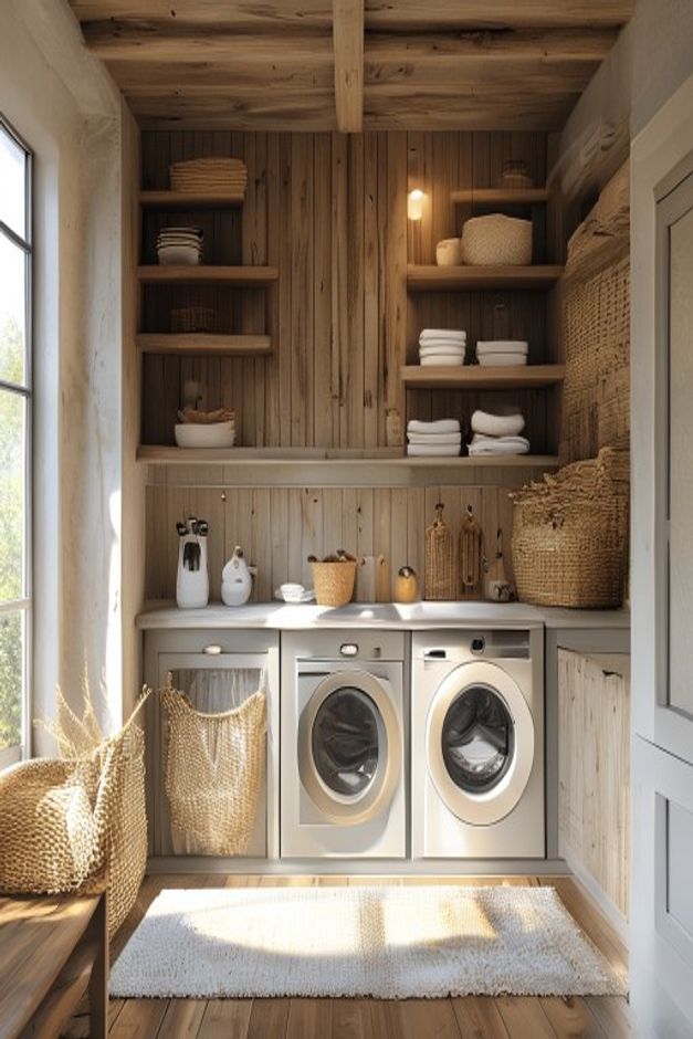 Rustic Modern Laundry Room Cabinet Wall with Wood Paneling