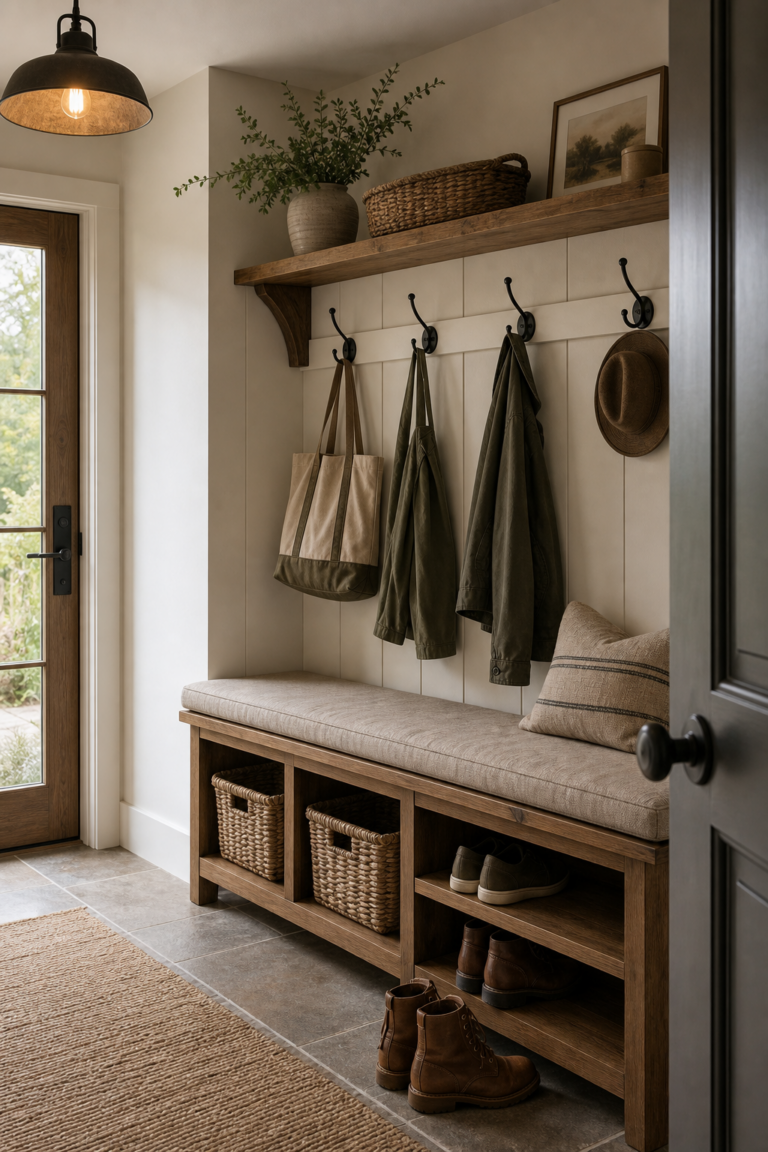 Rustic modern mudroom with a black hook rail, pale paneled wall, long cushioned timber bench, open shoe shelves, woven baskets, upper ledge, and glazed door