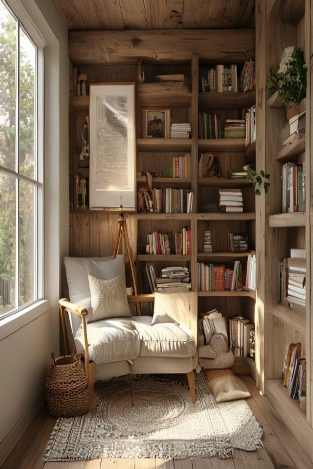Rustic reading nook with wraparound wood bookshelves, a timber-lined ceiling, a large window, and one pale armchair