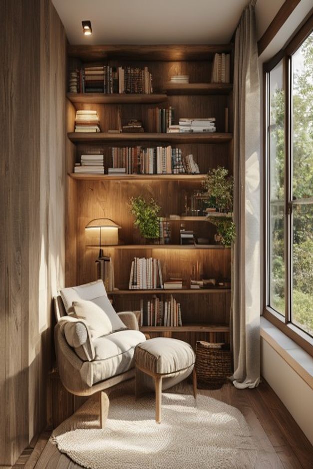 Warm Neutral Reading Nook Wood Shelving Ideas