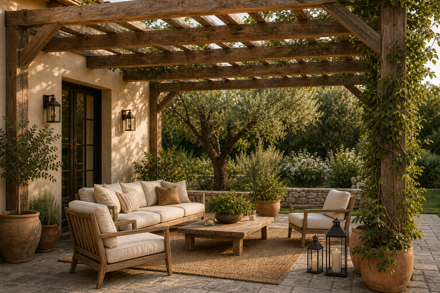 Rustic patio with a timber pergola, pale sofa and chairs, low table, woven rug, stone paving, climbing greenery, terracotta pots, olive trees, and lanterns