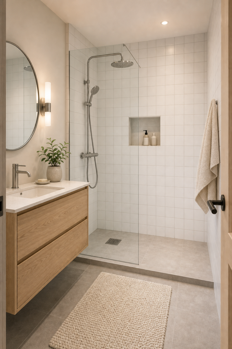 Scandinavian bathroom with walk-in shower, white square tile grid, pale gray floor tile, frameless glass screen and light wood vanity