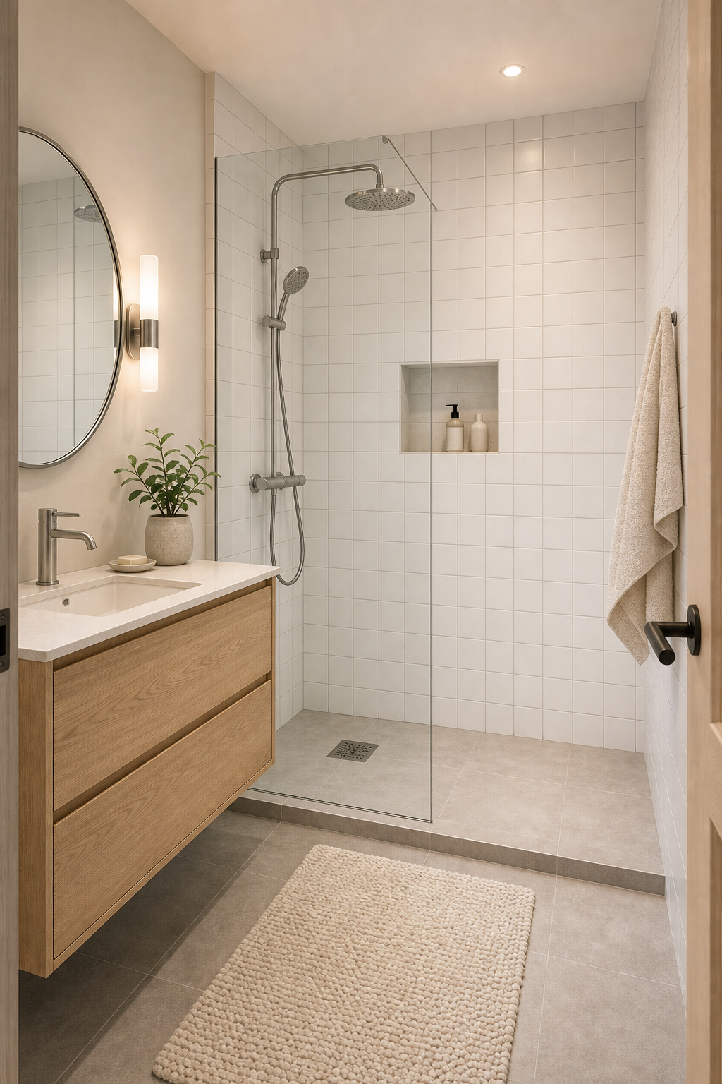 Scandinavian bathroom with walk-in shower, white square tile grid, pale gray floor tile, frameless glass screen and light wood vanity