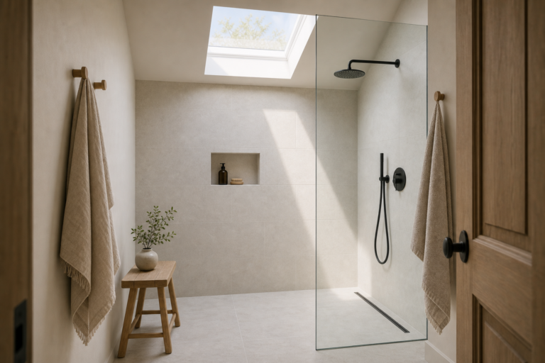 Scandinavian Bathroom Skylight Shower featuring a roof skylight casting daylight into a curbless shower