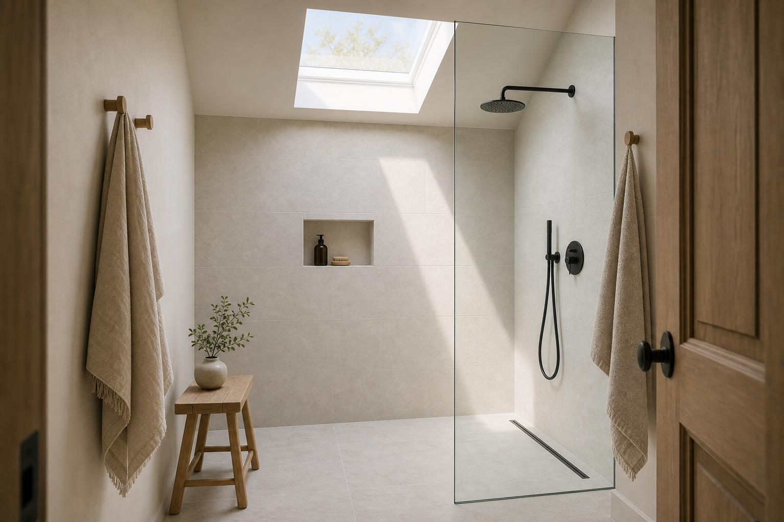 Scandinavian Bathroom Skylight Shower featuring a roof skylight casting daylight into a curbless shower