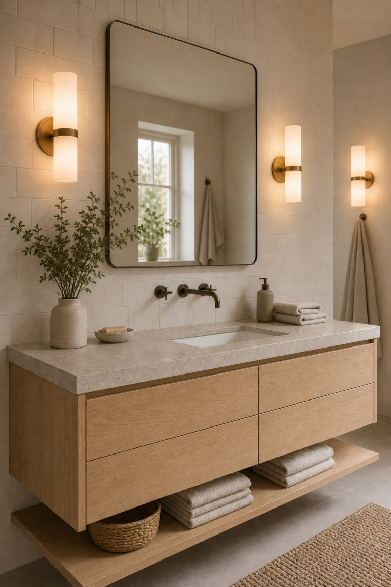 Scandinavian bathroom with three vertical wall sconces, a large rounded mirror, pale tile, a wood-toned floating vanity, wall-mounted faucet, and daylight