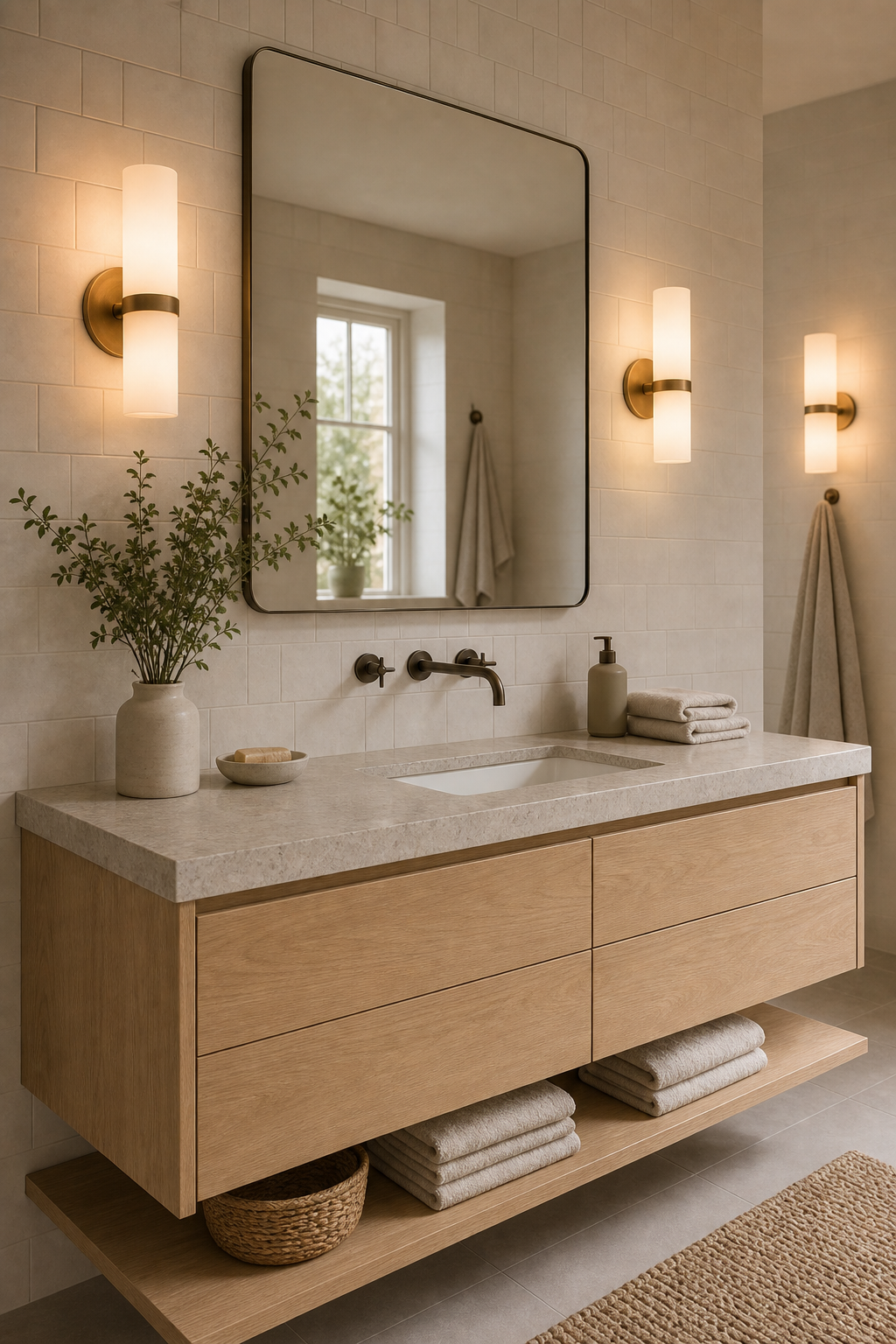 Scandinavian bathroom with three vertical wall sconces, a large rounded mirror, pale tile, a wood-toned floating vanity, wall-mounted faucet, and daylight