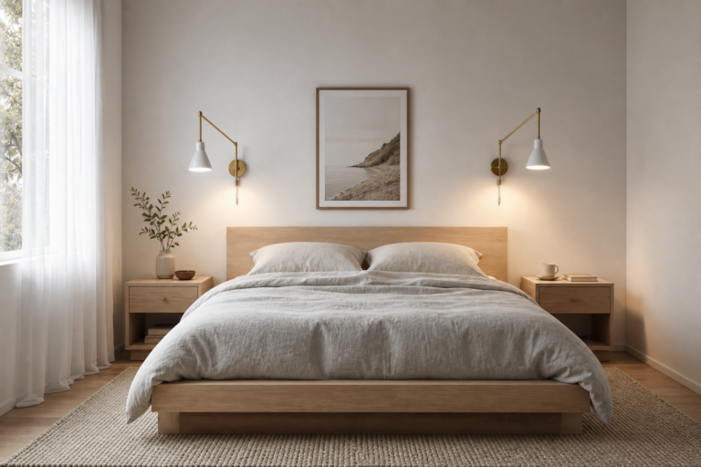 Scandinavian Bedroom Adjustable Reading Sconce featuring two adjustable wall sconces angled toward the bed