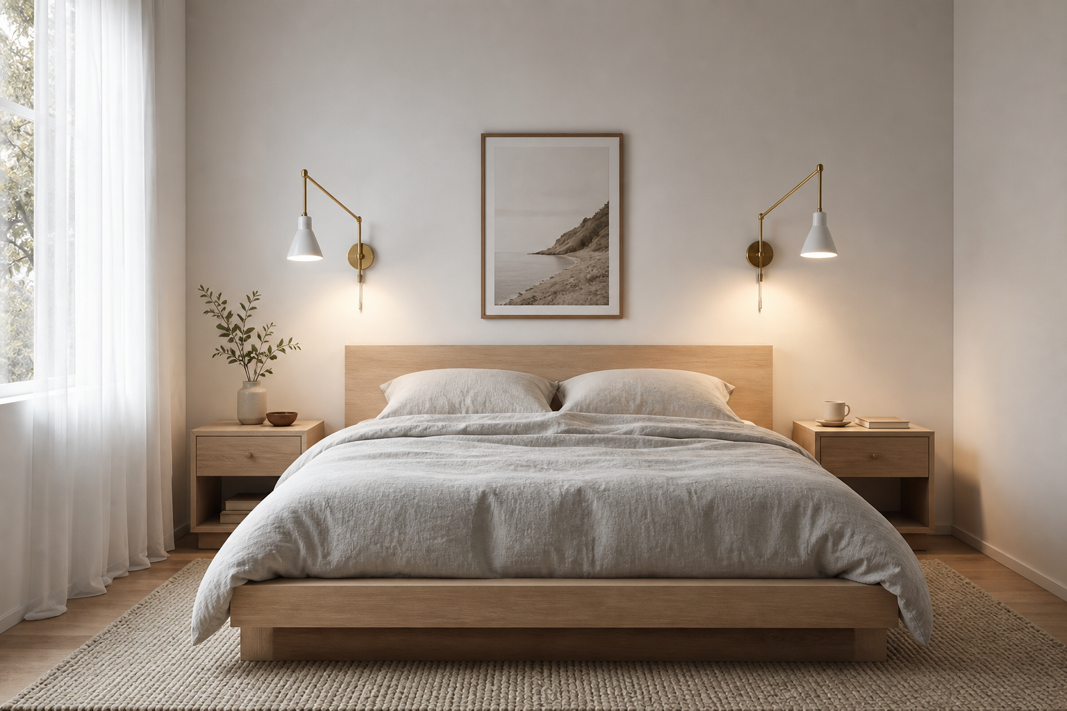 Scandinavian Bedroom Adjustable Reading Sconce featuring two adjustable wall sconces angled toward the bed