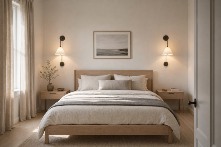 Scandinavian bedroom with paired black wall sconces, pale shades, low wood bed, matching nightstands, centered landscape, layered neutral bedding, sheer curtains, and timber floor