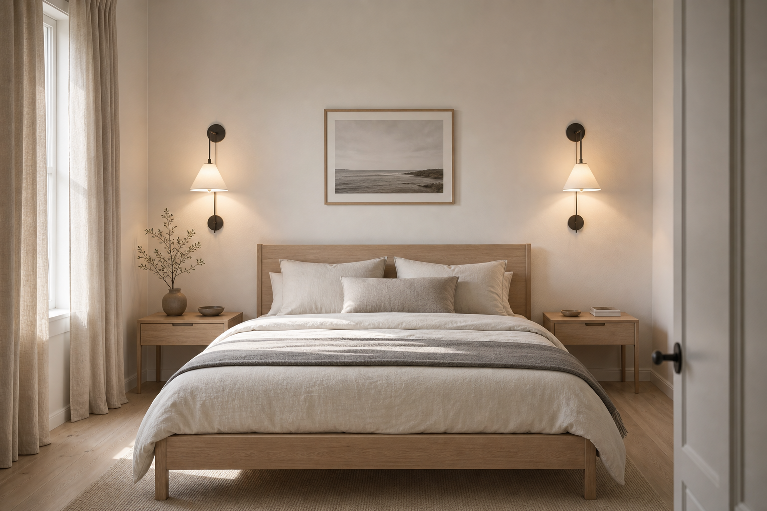 Scandinavian bedroom with paired black wall sconces, pale shades, low wood bed, matching nightstands, centered landscape, layered neutral bedding, sheer curtains, and timber floor