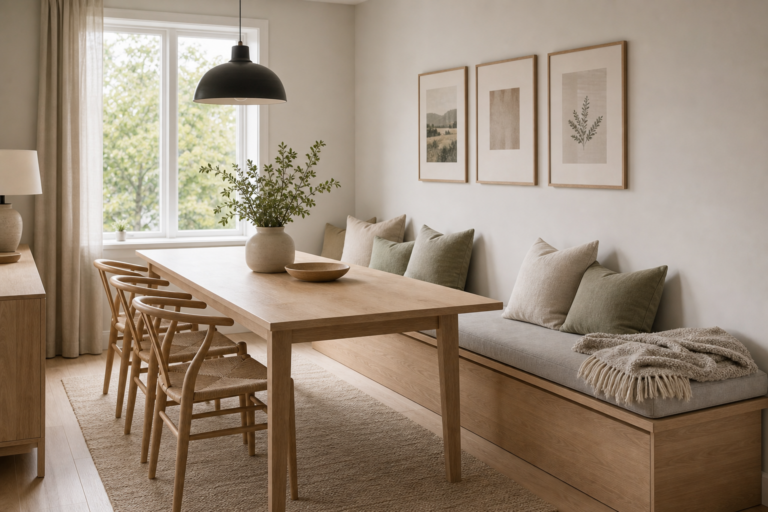 Scandinavian dining room with a long timber storage bench, gray cushion, neutral pillows, pale table, woven chairs, black dome pendant, three framed prints, and large window