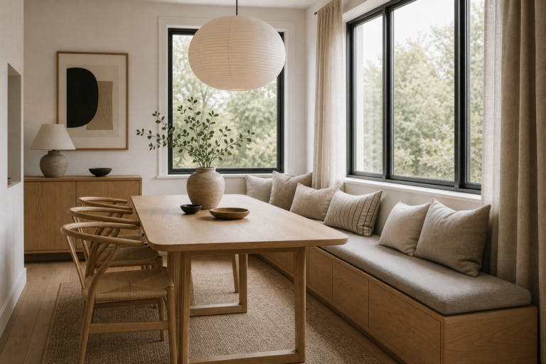 Scandinavian Dining Room Built-In Banquette featuring an L-shaped built-in banquette wrapping two large windows